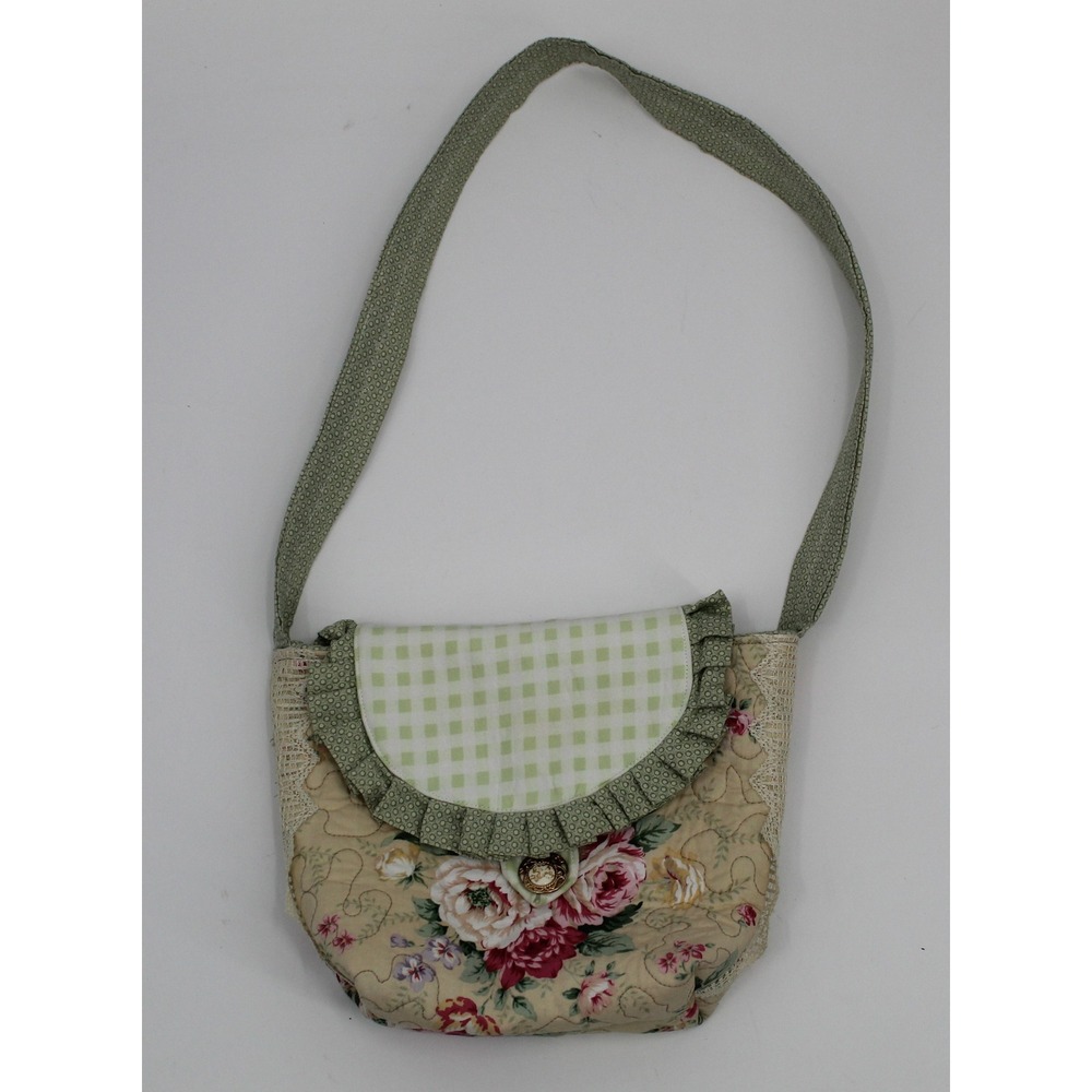 Vintage Handmade Quilted Floral Crossbody Bag Cottagecore Lace Ruffle Gingham